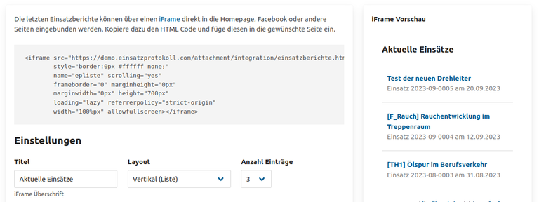 Website Integration: HTML iFrame | Einsatzprotokoll